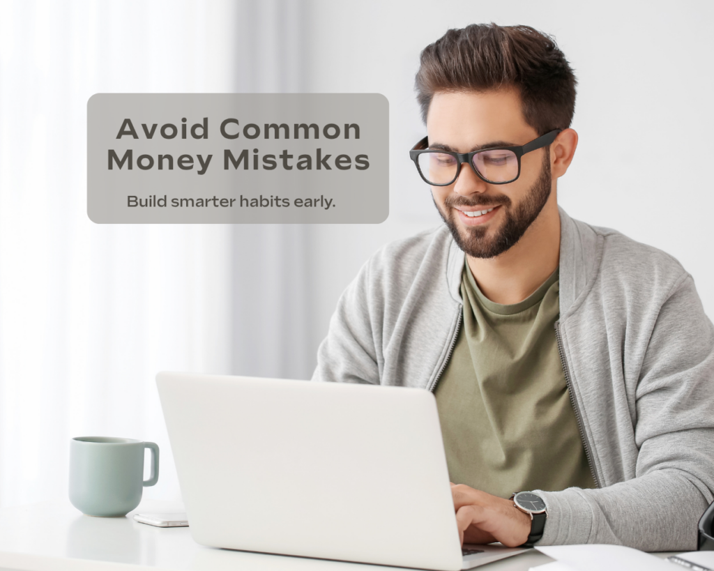 Young professional working on a laptop while learning how to avoid common money mistakes in your 20s and build smarter financial habits.