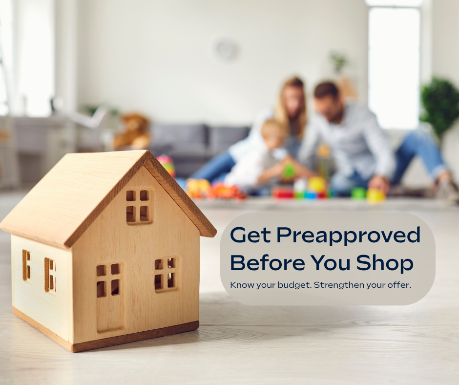 Mortgage preapproval concept showing home model and couple in background preparing to buy a home