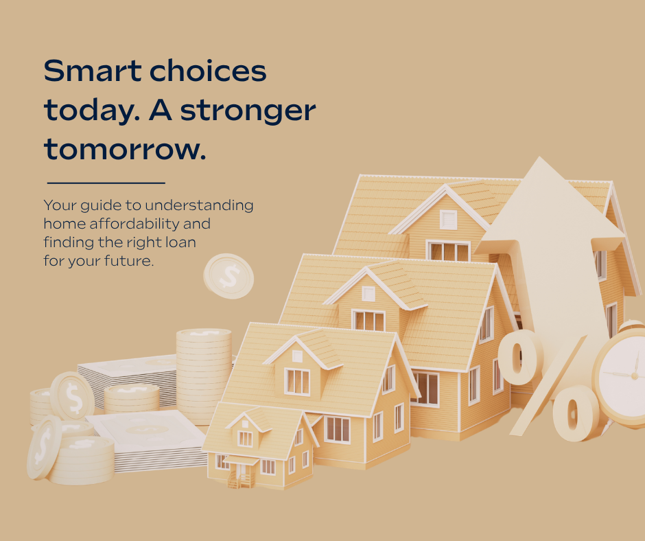 Illustration of home affordability with houses, interest rate symbol, and financial elements
