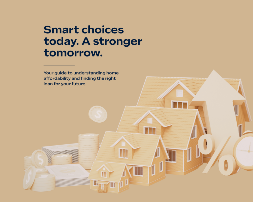 Illustration of home affordability with houses, interest rate symbol, and financial elements
