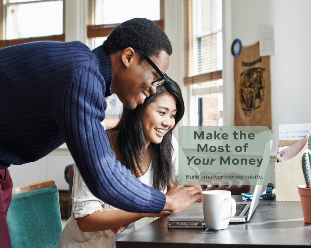 A man and woman reviewing finances on a laptop while discussing financial organization tips and money management at home.