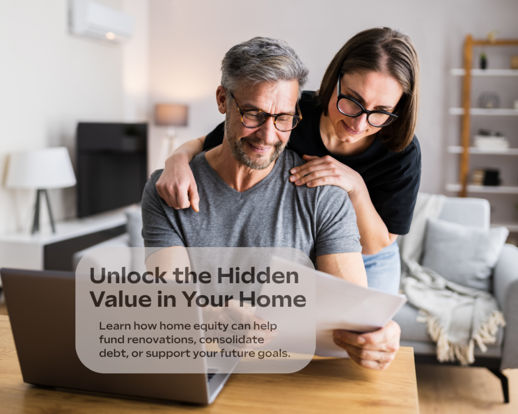 A couple reviews financial paperwork together at home while discussing home equity and lending options on a laptop.