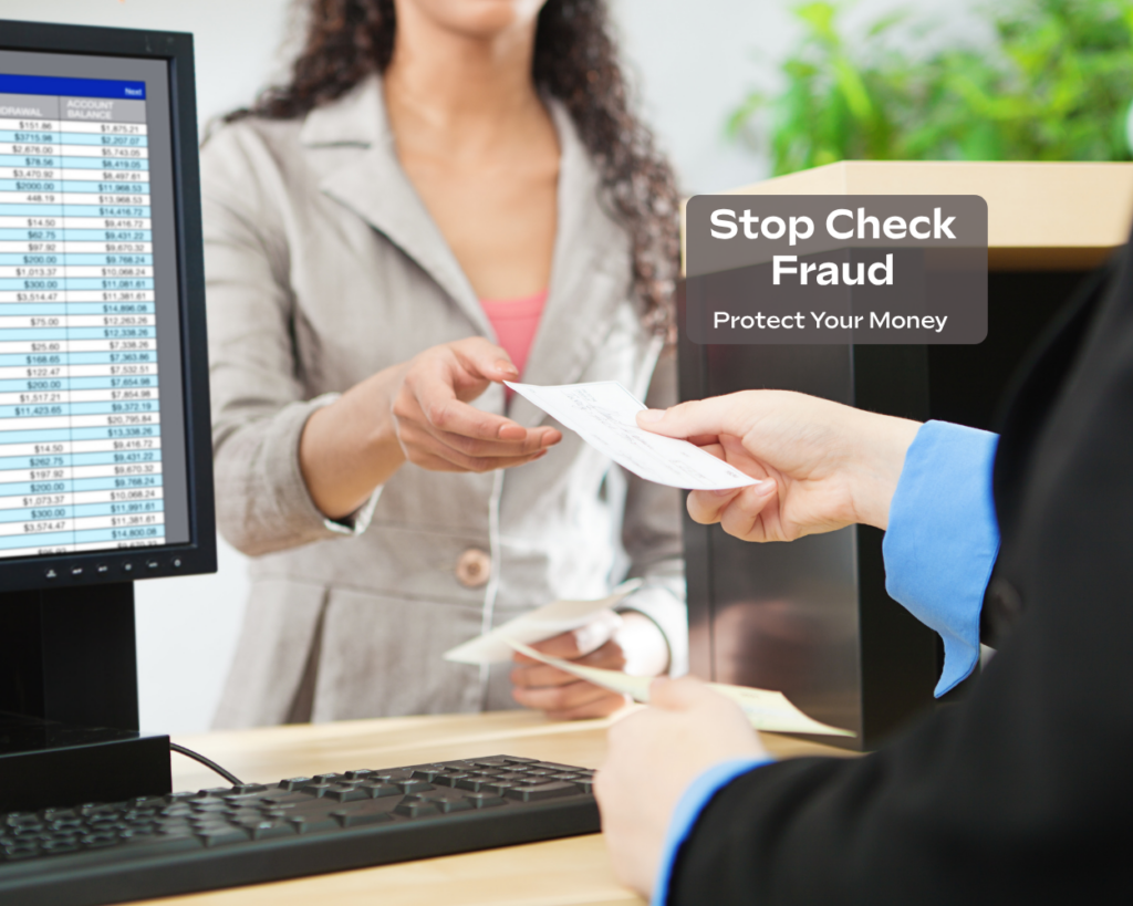 Bank customer handing a check to a teller, illustrating secure check handling and check fraud presentation.