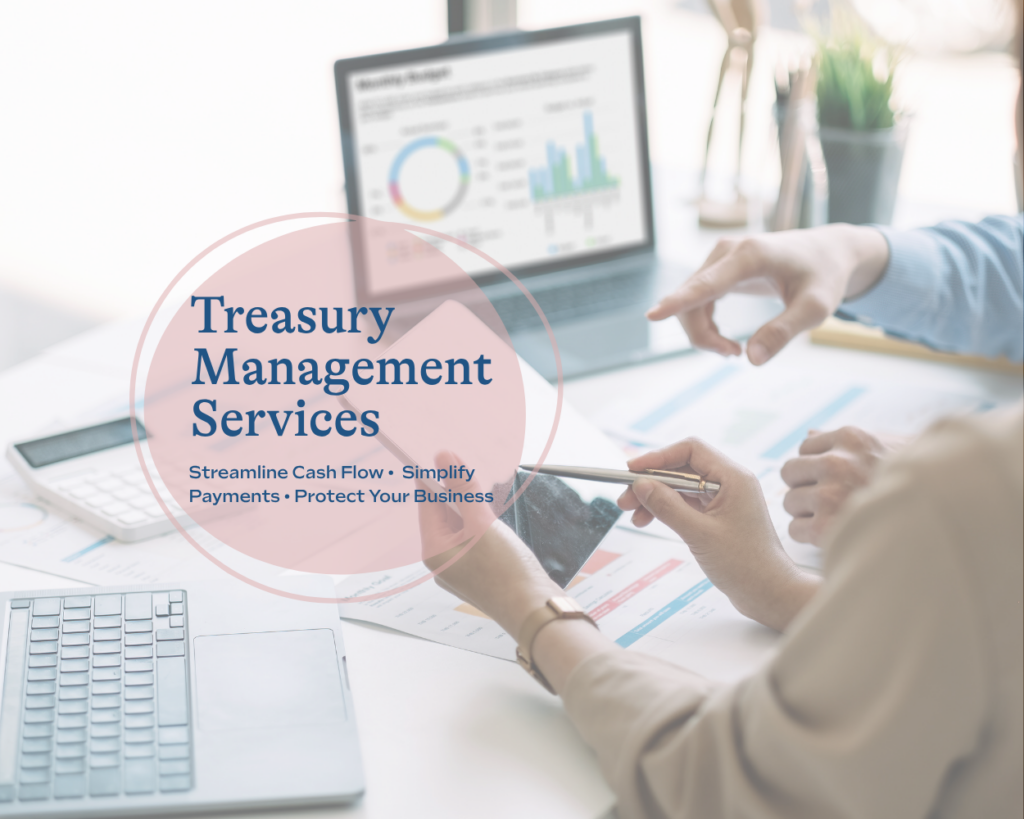 Business professional reviewing financial data using Treasury management Services to improve cash flow and business operations.