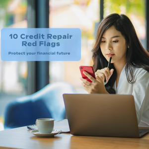 Woman reviewing information on her smartphone while working on a laptop, representing research into credit repair fraud and scam prevention.