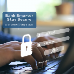 Person typing on a laptop with a digital login screen overlay displaying username, password, and security lock icons representing online banking security.