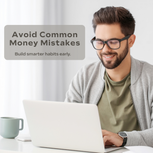 Young professional working on a laptop while learning how to avoid common money mistakes in your 20s and build smarter financial habits.