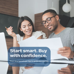 First-time homebuyer tips concept showing couple reviewing finances and planning home purchase