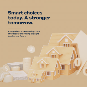 Illustration of home affordability with houses, interest rate symbol, and financial elements