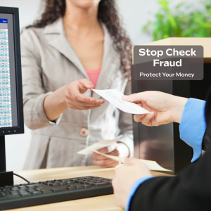 Bank customer handing a check to a teller, illustrating secure check handling and check fraud presentation.
