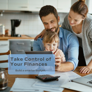 A family reviews finances together at a kitchen table while using a bucket budgeting strategy to organize household expenses and savings goals.